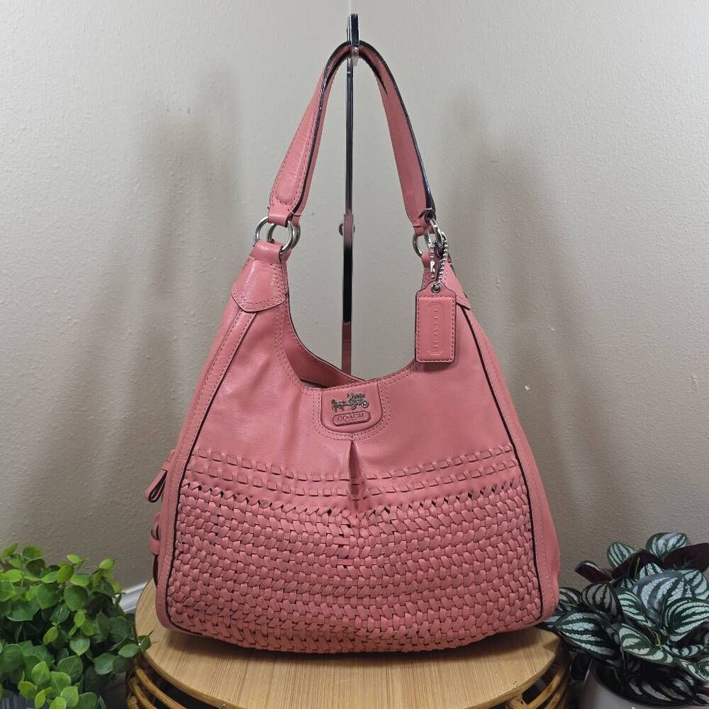 Coach Madison Maggie Woven Leather Shoulder Bag Salmon Pink F23385 Leather